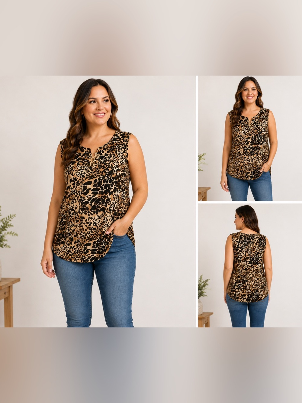 BYdesign Leopard Print Sleeveless Top Women L Gold Ring Hardware Stretch NWT